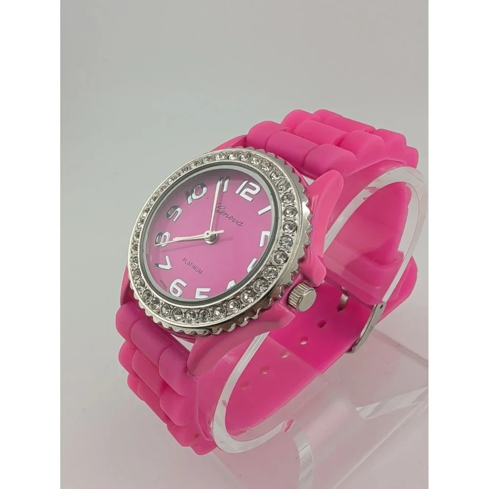Geneva Platinum Watch Women 38mm Case Pink Silicone Band- New Battery